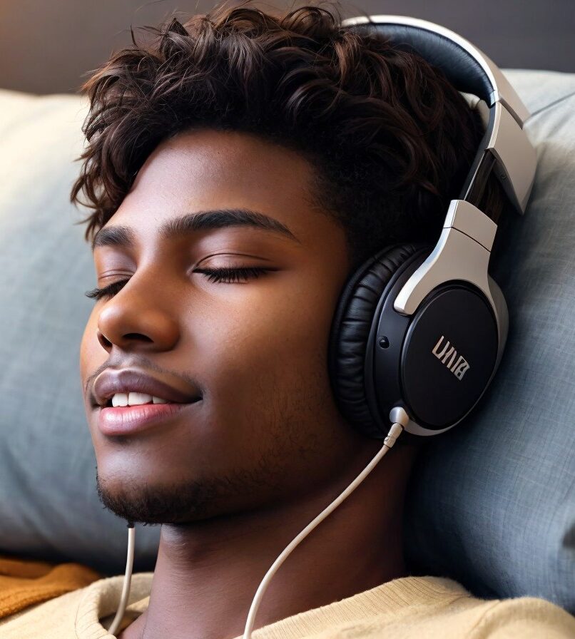 relaxed man listening to binaural beats